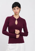 Maglia donna bordeaux con scollo a goccia e collo a camicia