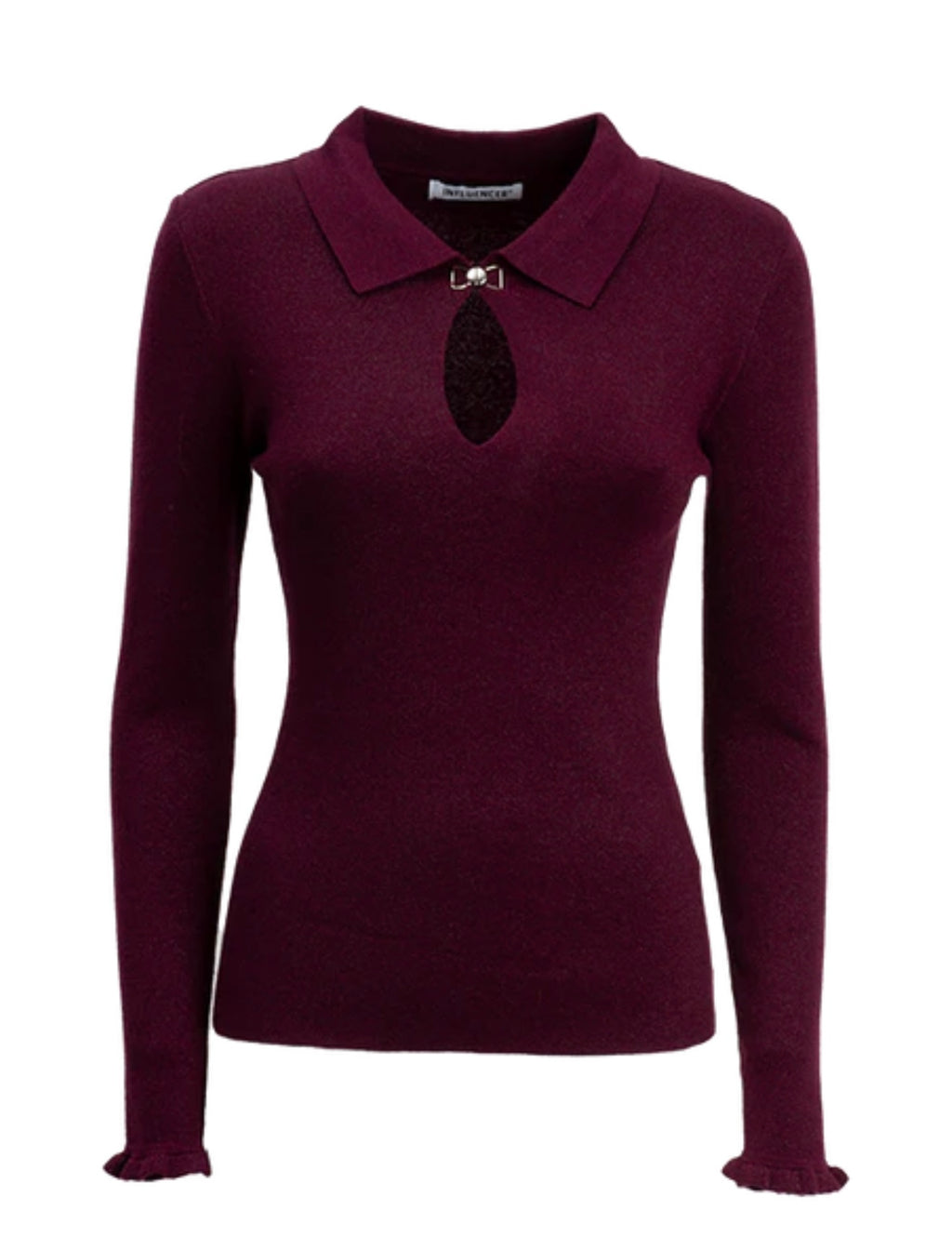 Maglia donna bordeaux con scollo a goccia e collo a camicia