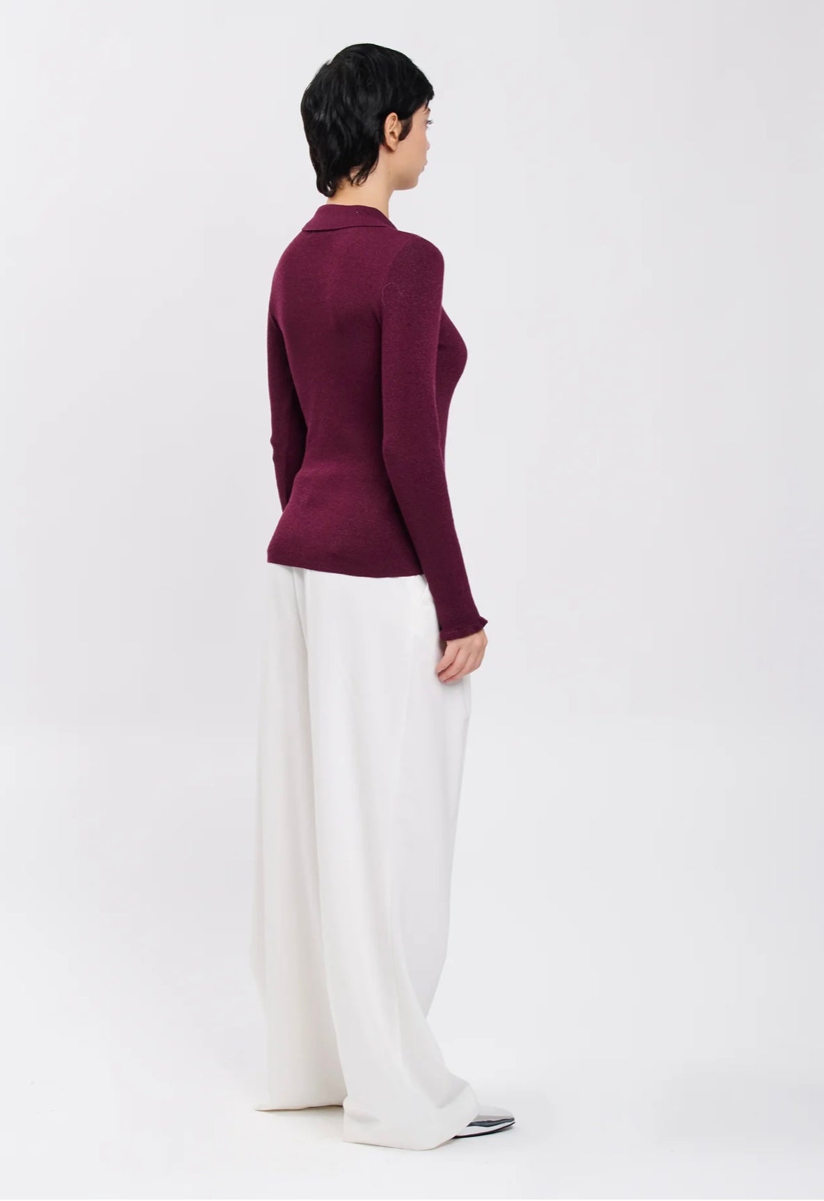Maglia donna bordeaux con scollo a goccia e collo a camicia